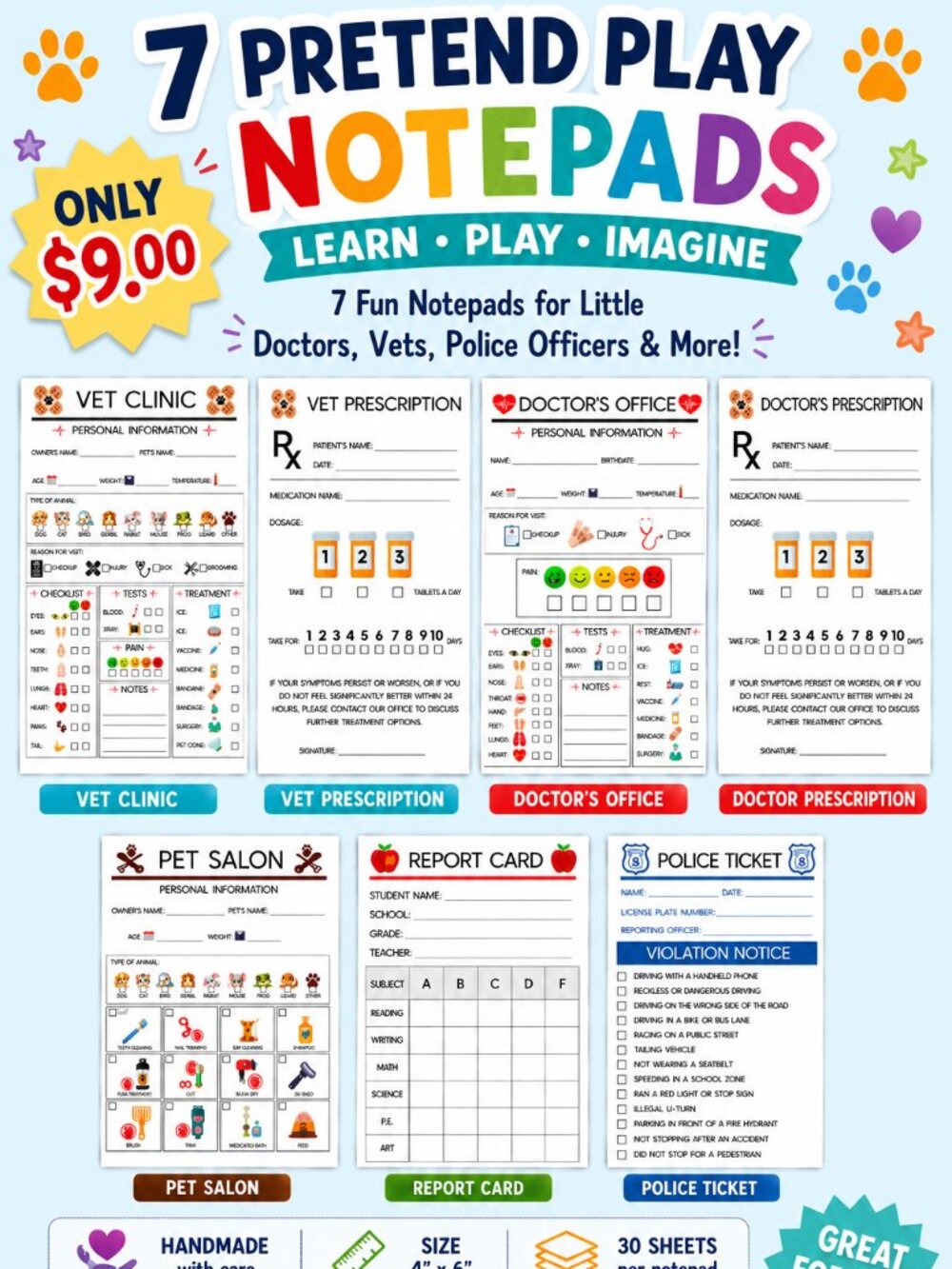 KIDS Play NOTEPADS Doctor,Vet, Groomer,Teacher,Police HOURS OF FUN & IMAGINATION